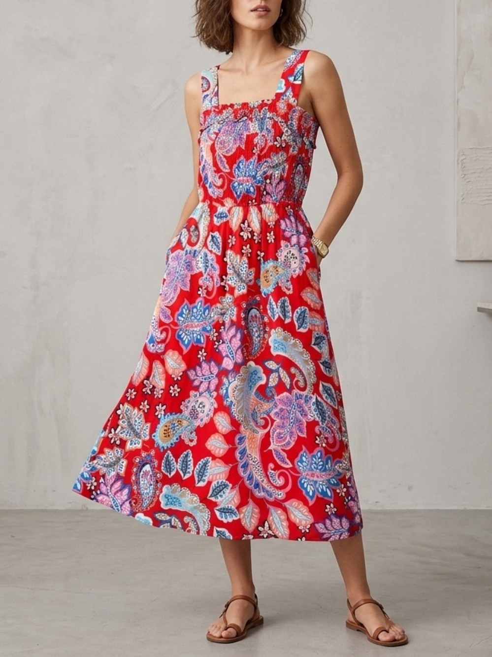 Talbots Red Floral Midi Dress Retro Cotton Comfy Maximalist 8P